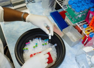 A laboratory researcher prepares samples. She may be conducting basic or translational research.